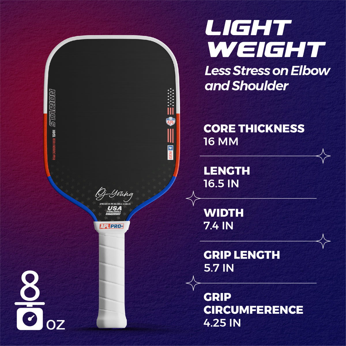 APL DJ Young Starion Pro+ 16mm Pickleball Paddle | Carbon Fiber | Gen 4 Thermoformed Foam Technology