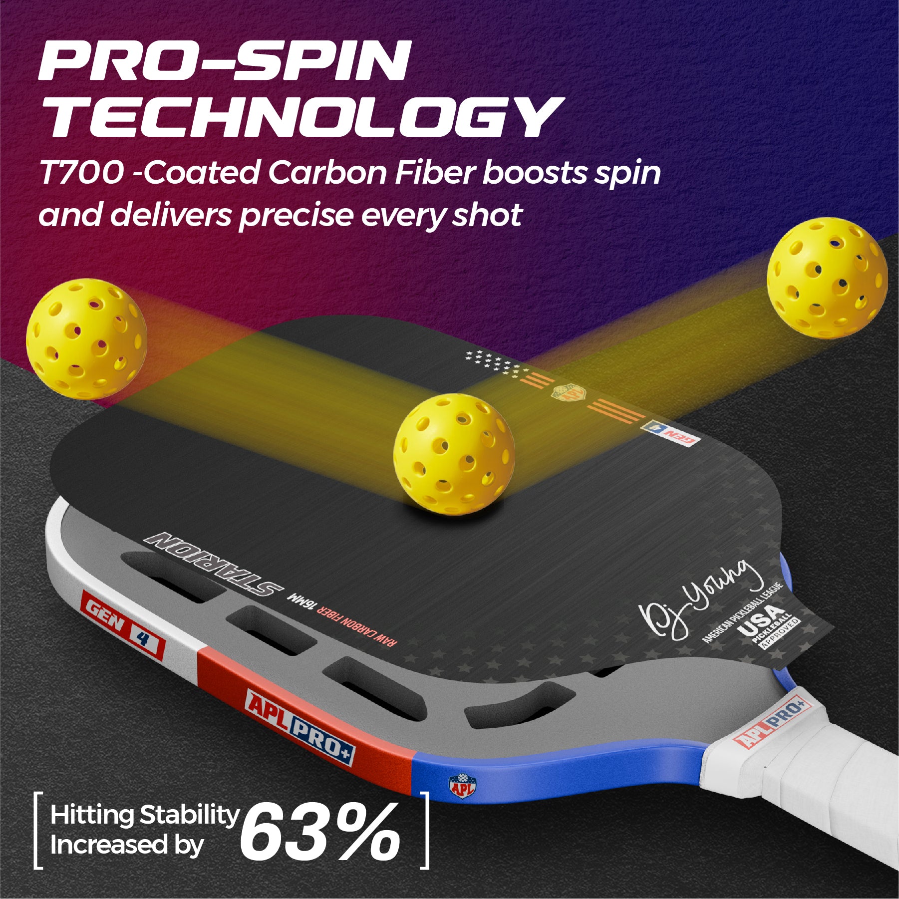 APL DJ Young Starion Pro+ 16mm Pickleball Paddle | Carbon Fiber | Gen 4 Thermoformed Foam Technology