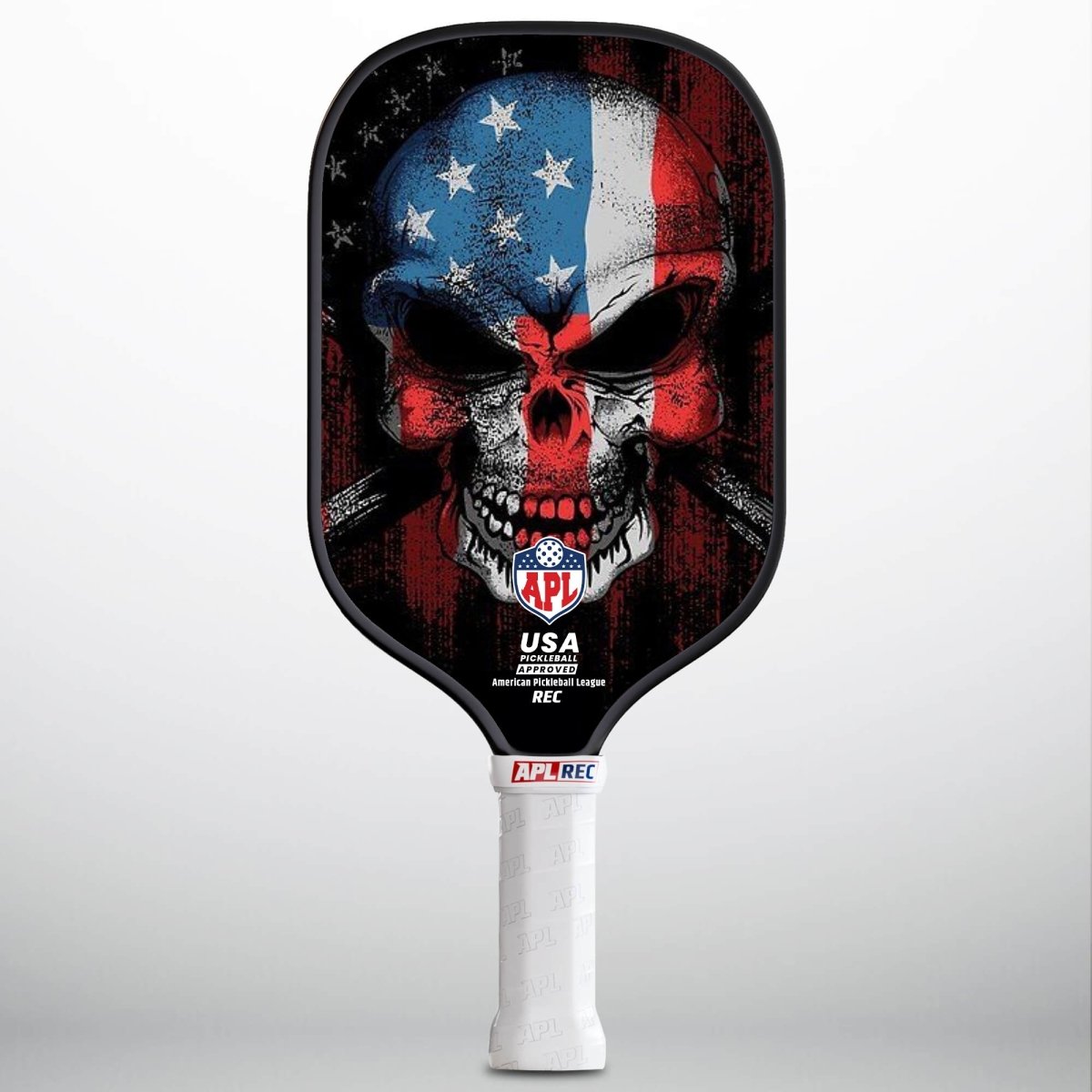 Skull US Flag Pickleball Paddle made with carbon fiber and fiber glass.