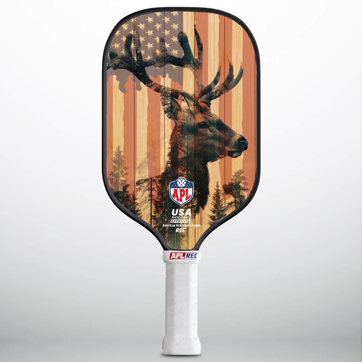 This is made in the USA deer flag design pickleball paddle. It can be used by beginners, intermediate and pro players