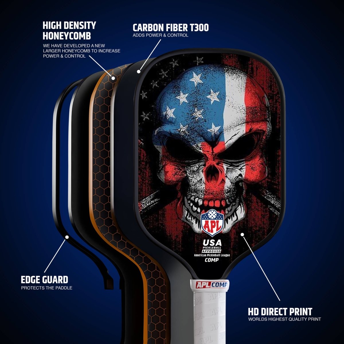 Skull US Flag Pickleball Paddle made with carbon fiber and fiber glass.