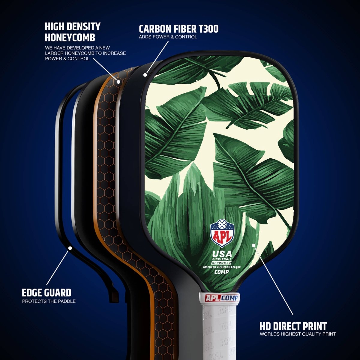 This is made in the USA leaves design pickleball paddle. It can be used by beginners, intermediate and pro players