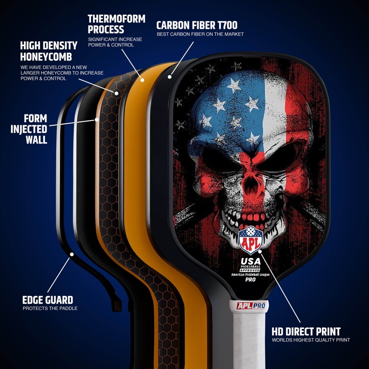 Skull US Flag Pickleball Paddle made with carbon fiber and fiber glass.