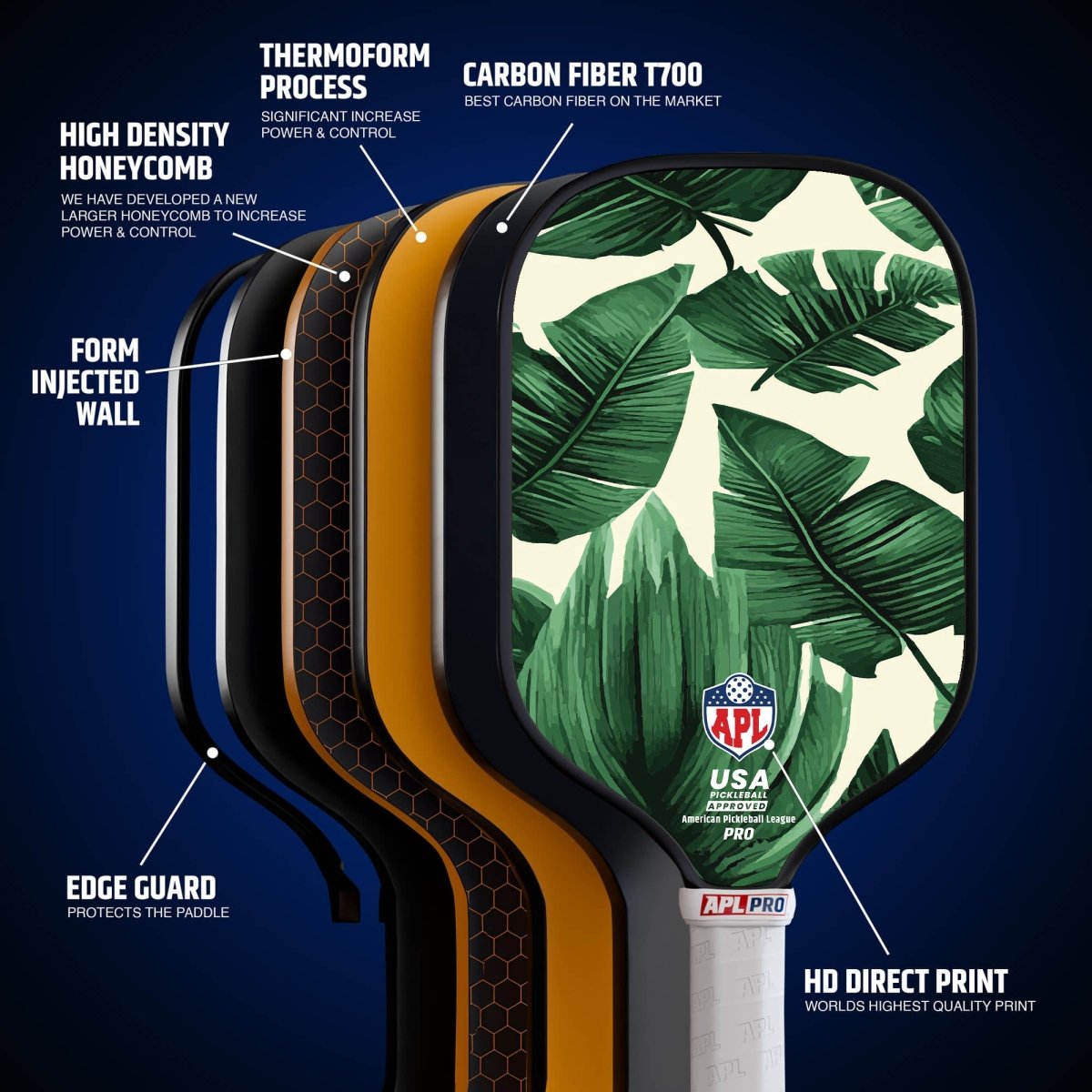 This is made in the USA leaves design pickleball paddle. It can be used by beginners, intermediate and pro players