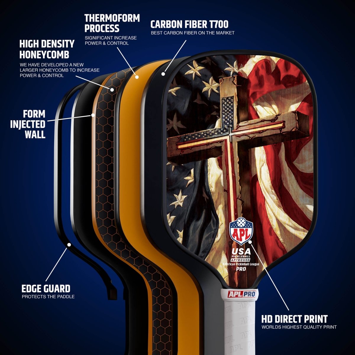 Cross flag pickleball paddle for professional pickleball players.