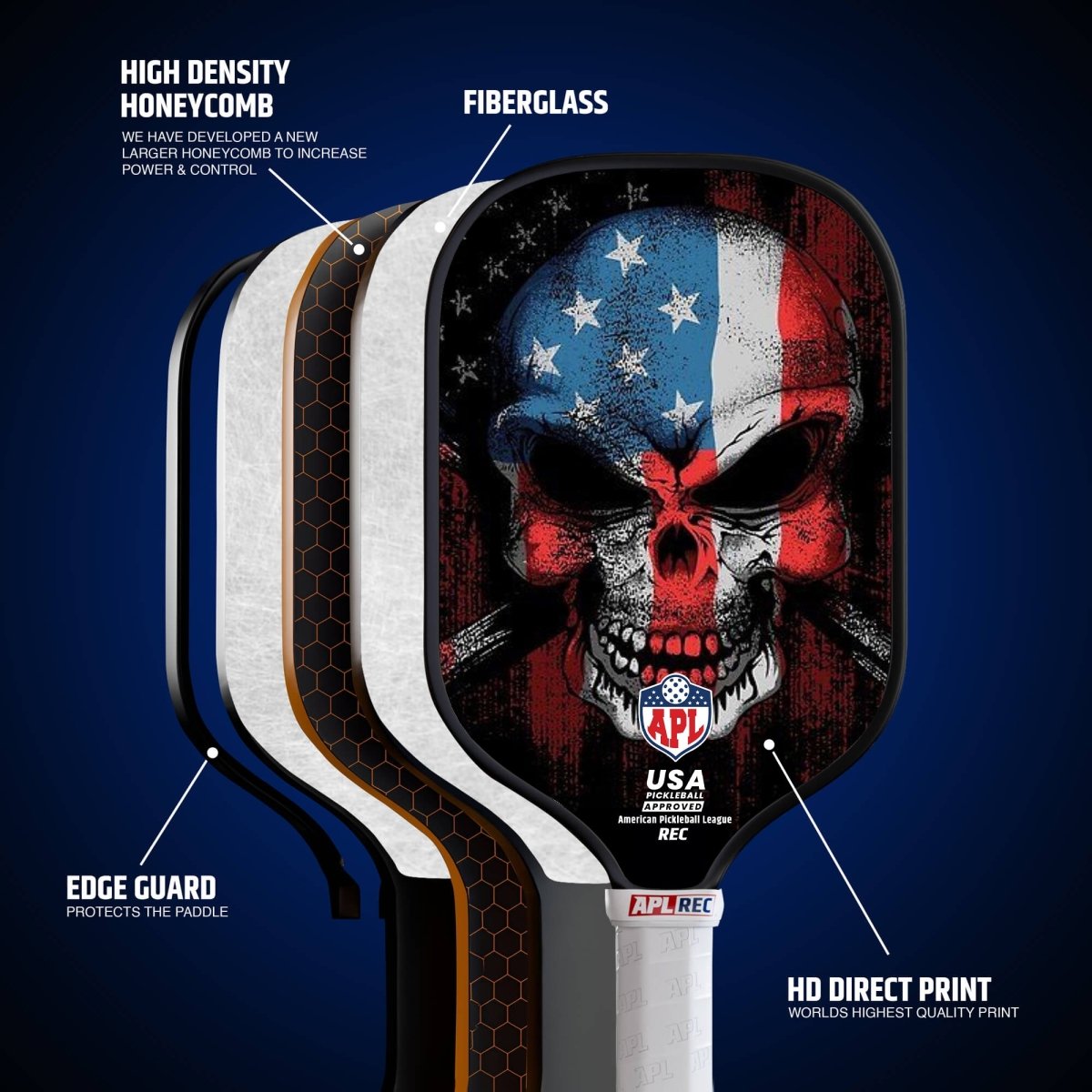 Skull US Flag Pickleball Paddle made with carbon fiber and fiber glass.