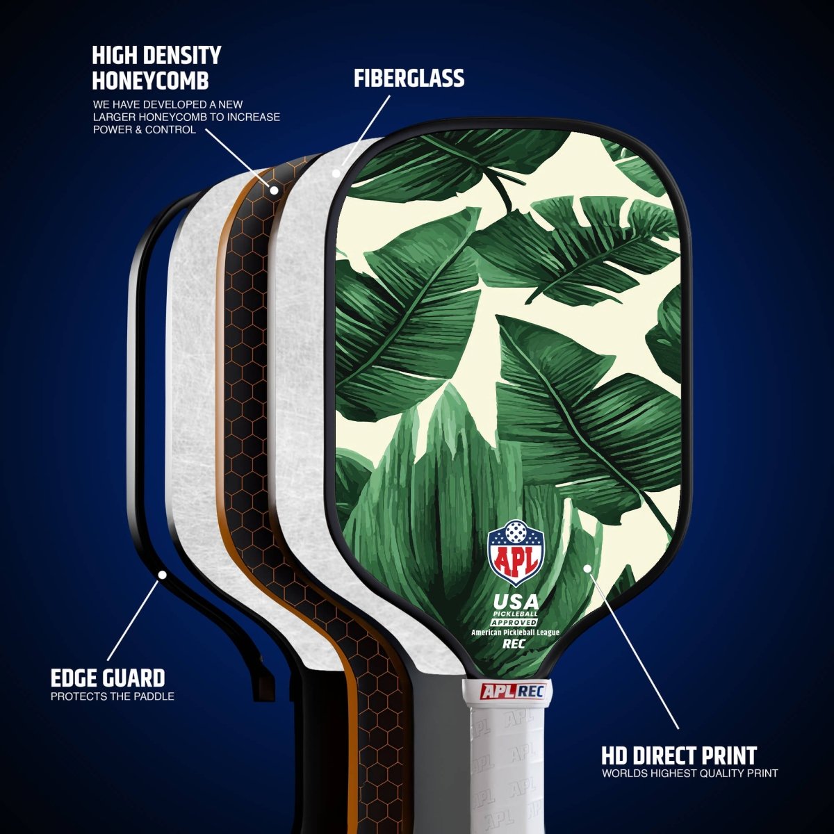 This is made in the USA leaves design pickleball paddle. It can be used by beginners, intermediate and pro players