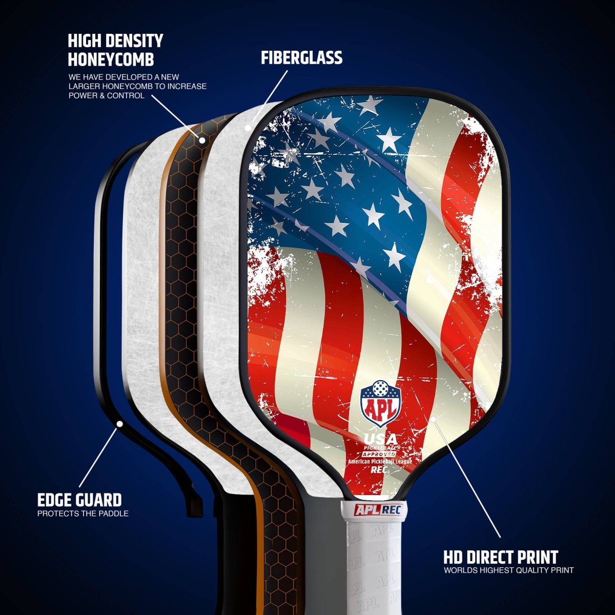 USA Flag Best Pickleball Paddle made with carbon fiber and fiber glass.