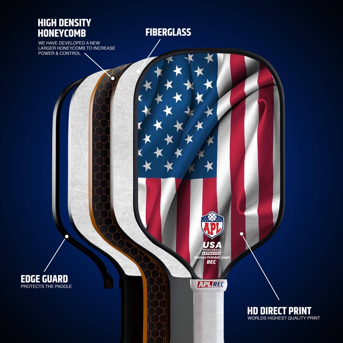 USA Flag Best Pickleball Paddle made with carbon fiber and fiber glass.
