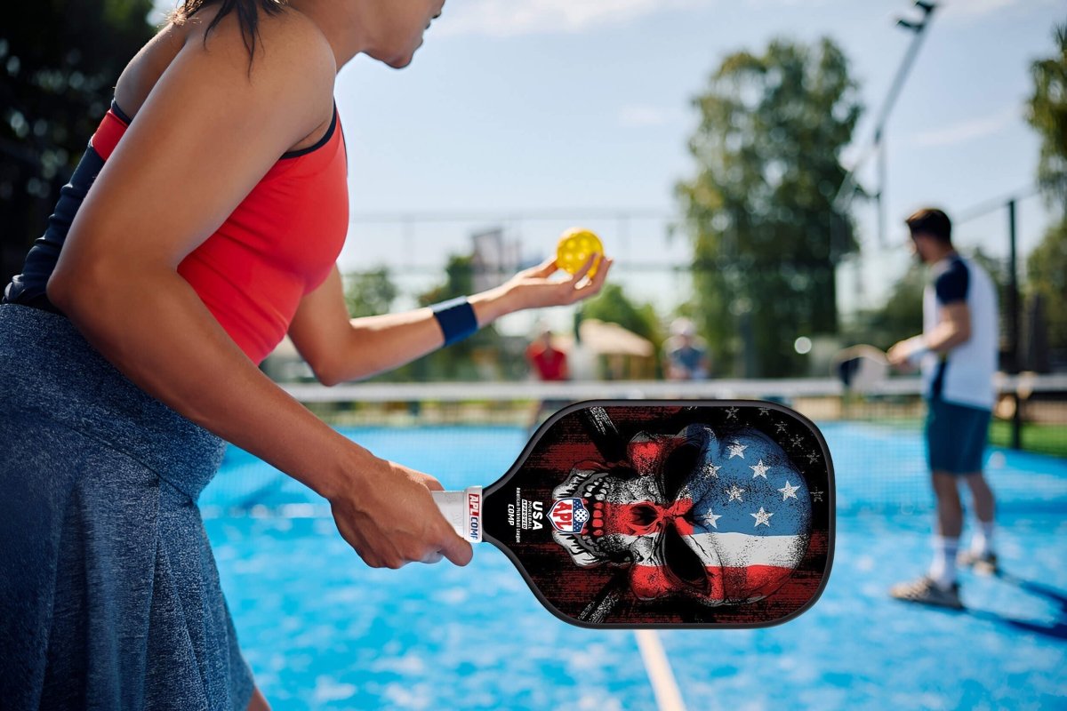 Skull US Flag Pickleball Paddle made with carbon fiber and fiber glass.