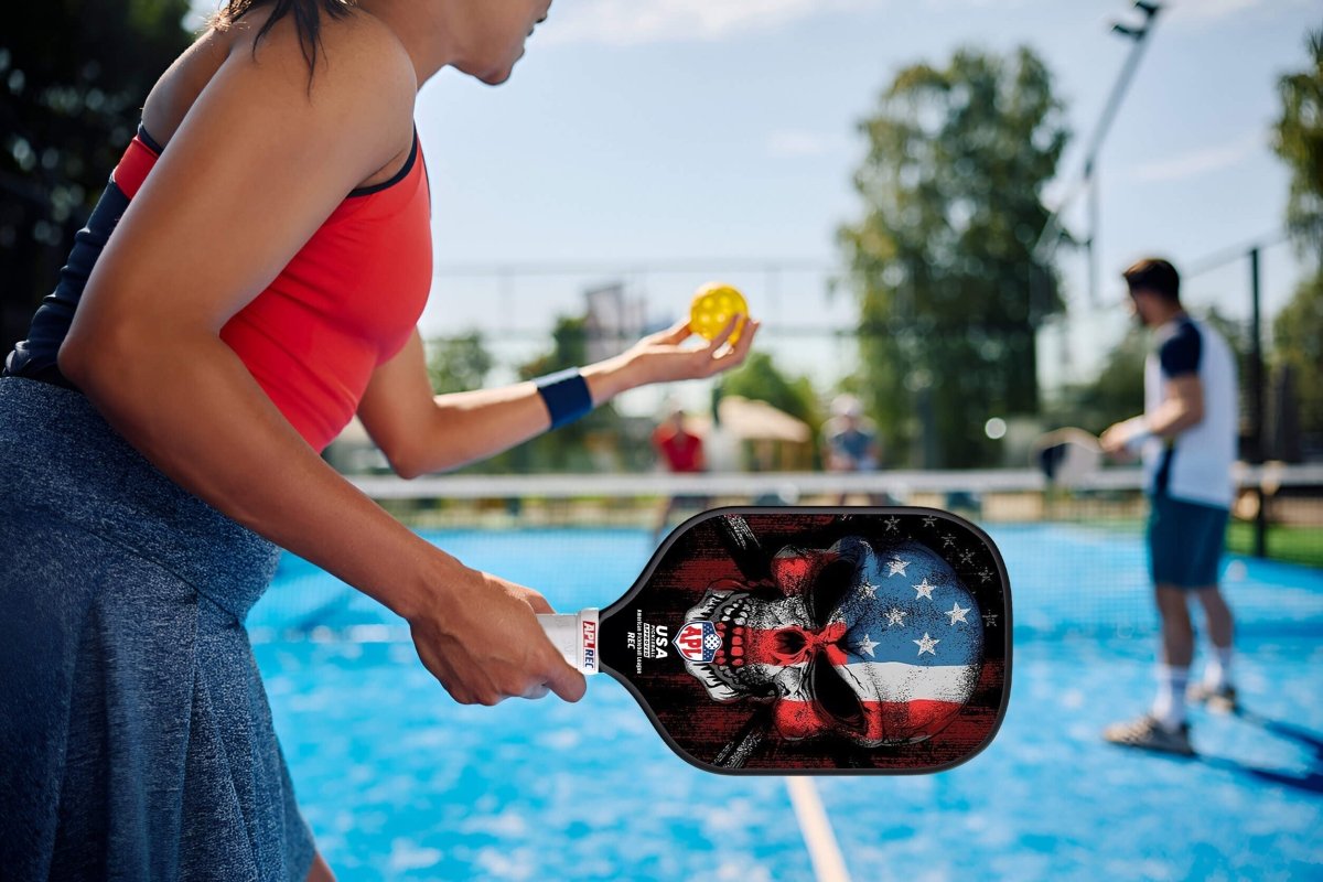 Skull US Flag Pickleball Paddle made with carbon fiber and fiber glass.