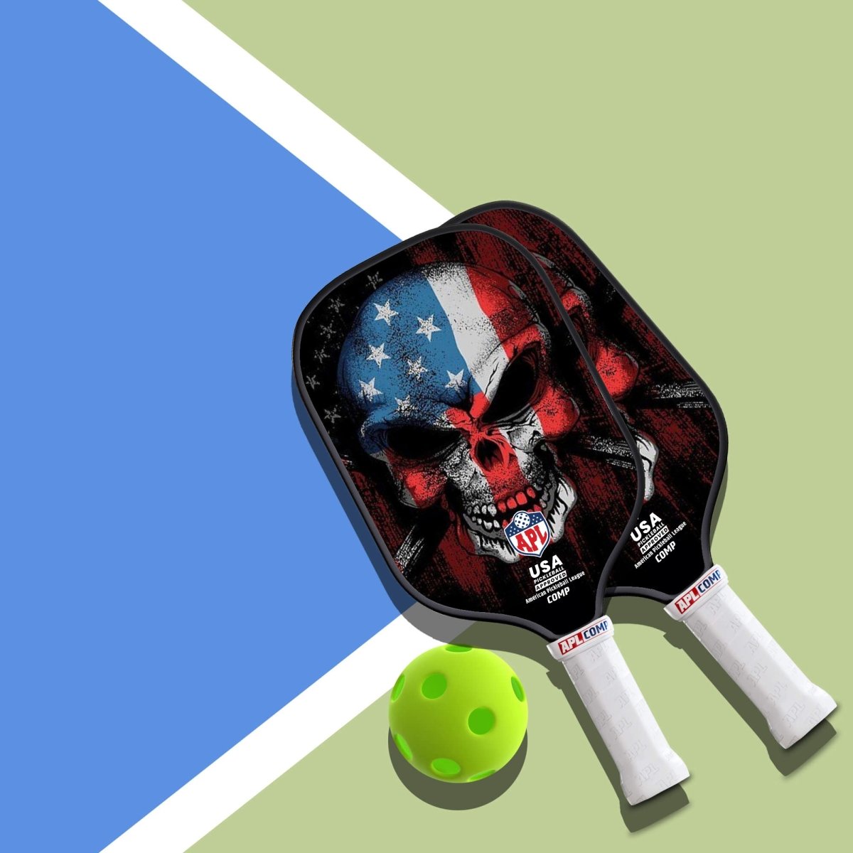 Skull US Flag Pickleball Paddle made with carbon fiber and fiber glass.