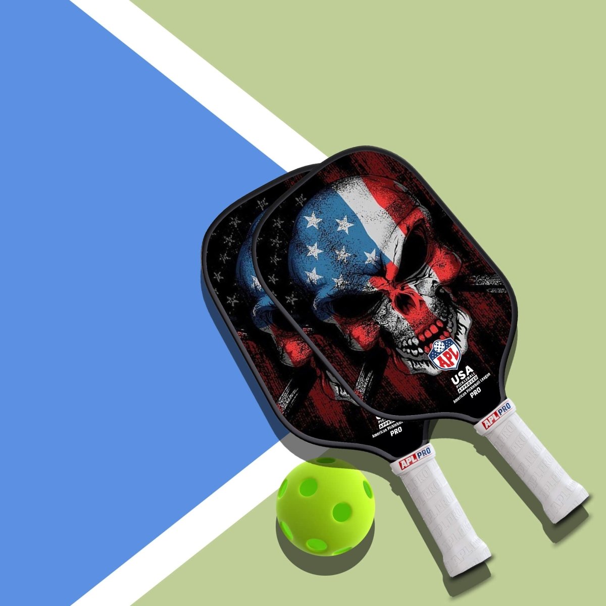 Skull US Flag Pickleball Paddle made with carbon fiber and fiber glass.