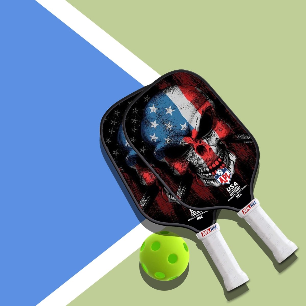 Skull US Flag Pickleball Paddle made with carbon fiber and fiber glass.